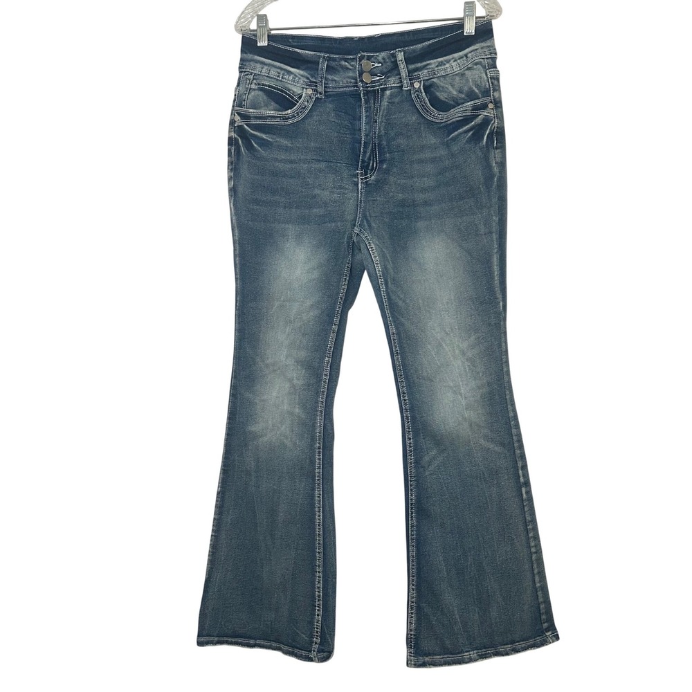 Womens Medium Wash High Rise Flare Jeans Double Button Western Denim Size L
